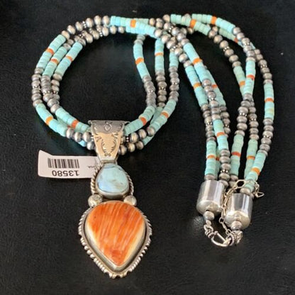 Navajo Dry Creek Turquoise Pendant | Sterling Silver Spiny Necklace | 2.5" | Multi-Strand | 13580 - Masha USA