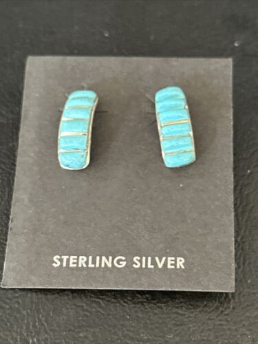 Navajo Blue Turquoise Inlay Earrings | Sterling Silver | 1" | Authentic Native American Handmade | 14777