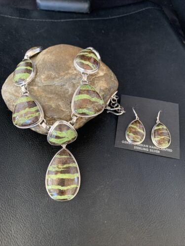 Navajo Green Gaspeite Necklace Choker Earrings Set | Sterling Silver Pendant | 19" | Authentic Native American Handmade | 13795