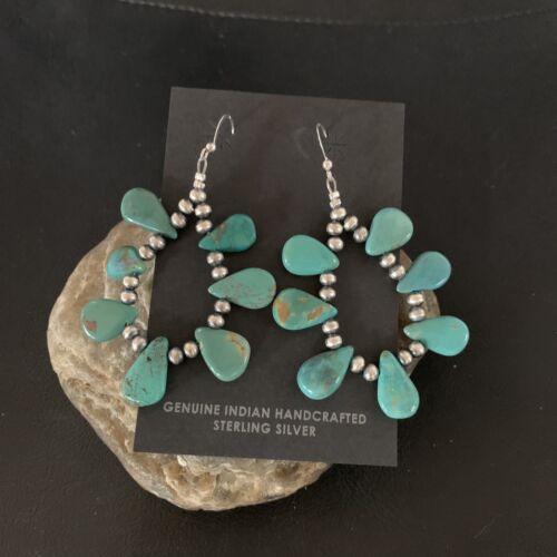 Navajo Green Cluster Turquoise Bead Earrings | Sterling Silver | Authentic Native American Handmade | 13326