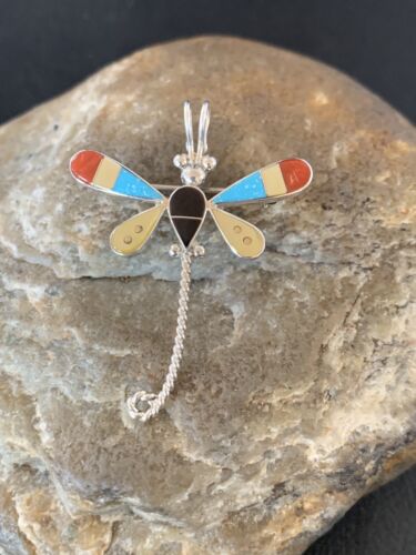 Zuni Turquoise & Yellow Mother of Pearl Inlay Dragonfly Sterling Necklace Pin Pendant | 12320