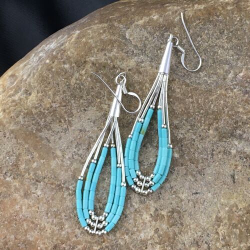Native American Liquid Silver Heishi Dangle Earrings | Blue Turquoise | Sterling Silver | 2" | 1969