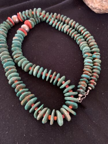 Authentic Native American Navajo Necklace | Sterling Silver | Green Turquoise & Spiny Oyster | 32" | 1670
