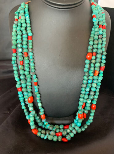 Men's Santo Domingo Blue Turquoise Coral Necklace | 4 Strand Large Bead | 34" | 13184