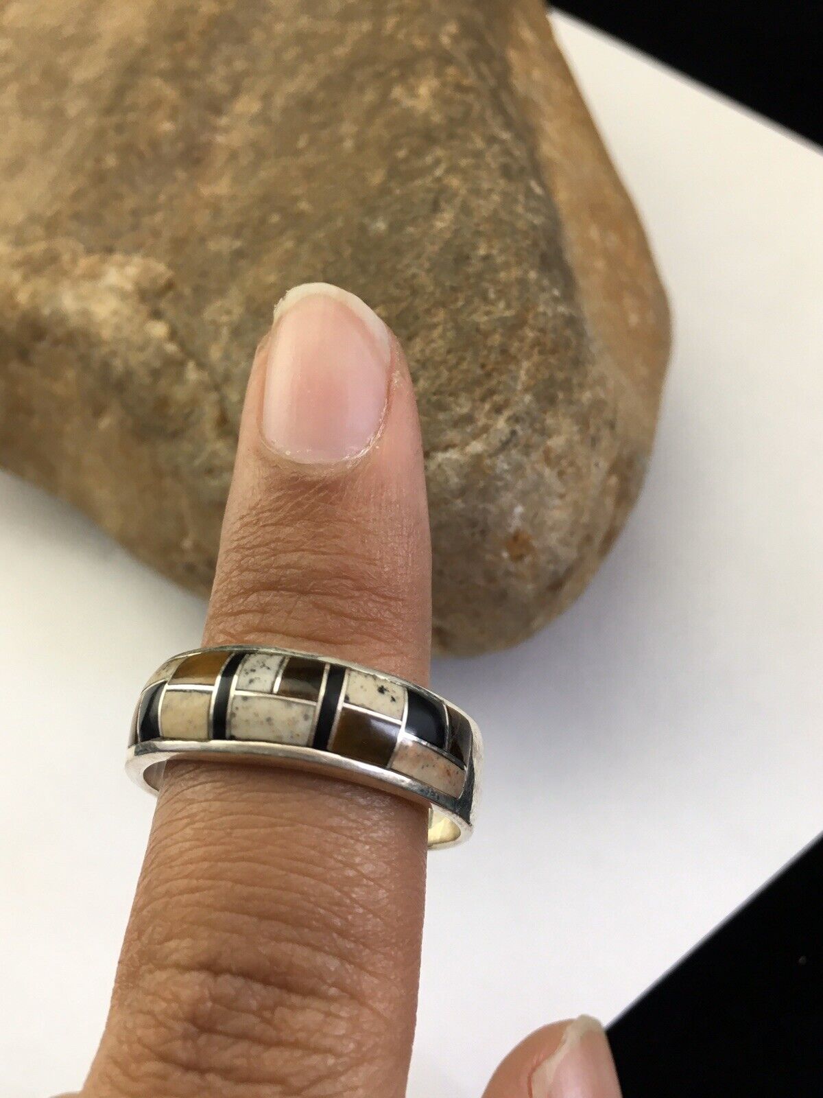 Navajo Sterling Silver Onyx, Coffee Tiger's Eye & Jasper Inlay Ring | Sz 14 | Authentic Native American Handmade | 1709