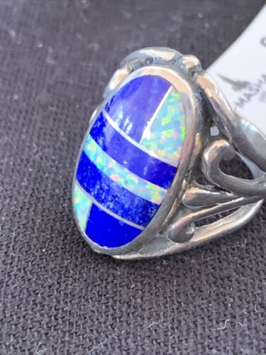 Southwestern Navajo Lapis & Opal Inlay Ring | Sterling Silver | Sz 7.5 | 1486