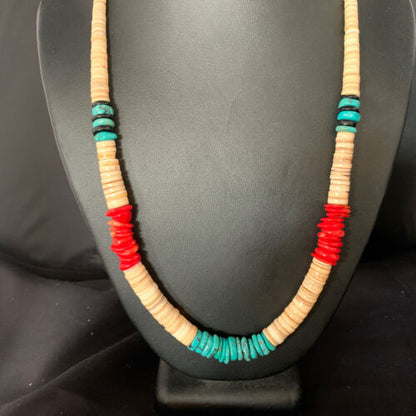 Authentic Native American Santo Domingo Necklace | Red Coral, Blue Turquoise, Onyx Shell | 22" | 13488