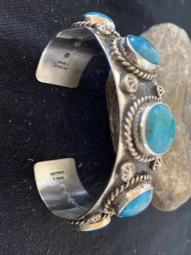 Navajo Sterling Silver Blue Kingman Turquoise Cuff Bracelet | 5 Stones | Authentic Native American Handmade | 863