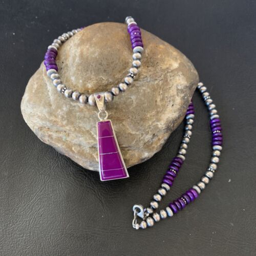 Navajo Pearl Necklace Purple Sugilite Inlay Pendant | Sterling Silver | Authentic Native American Handmade | 12620
