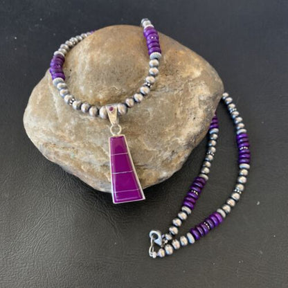 Navajo Pearl Necklace Purple Sugilite Inlay Pendant | Sterling Silver | Authentic Native American Handmade | 12620
