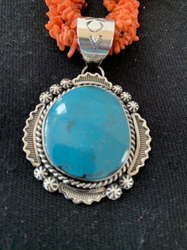 Navajo Sterling Silver Coral Bead Necklace | Turquoise Pendant | Multi-Strand 21" | 00766