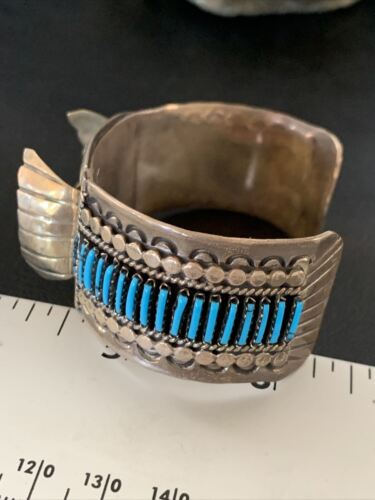Authentic Native American Zuni Sterling Silver Watch Cuff Bracelet | Blue Turquoise Inlay Tips | 12332