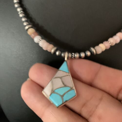 Navajo Mother of Pearl Turquoise Inlay Pendant with Pink Opal Bead | Sterling Silver Necklace | 13456