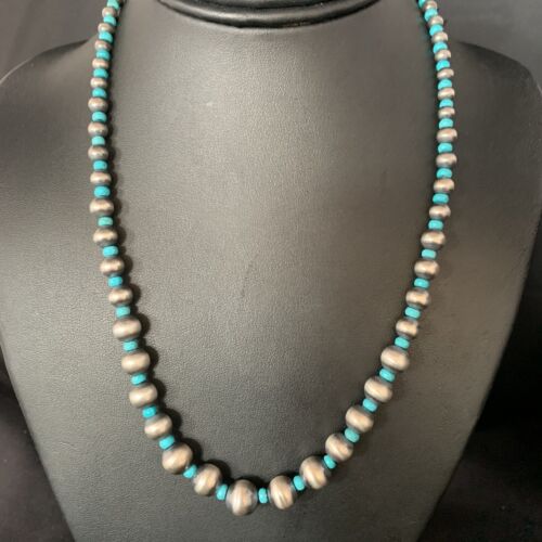 Navajo Pearls Graduated Blue Turquoise Bead Necklace | Sterling Silver | 16" | 13593