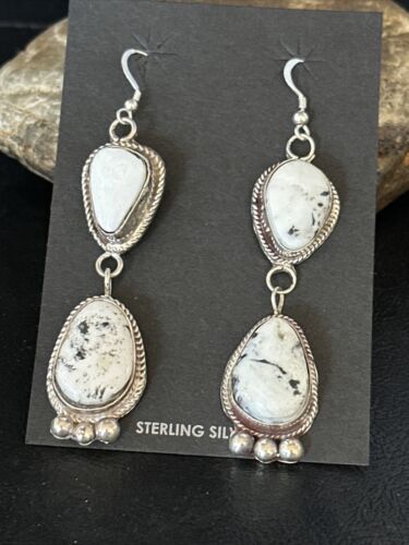 Navajo White Buffalo Turquoise Dangle Earrings | Sterling Silver | 2.5" | Authentic Native American Handmade | 14800