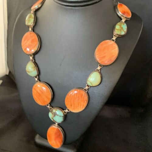 Navajo Lariat Necklace with Green Royston Turquoise & Spiny Oyster Pendant | Sterling Silver | 20" | 13888