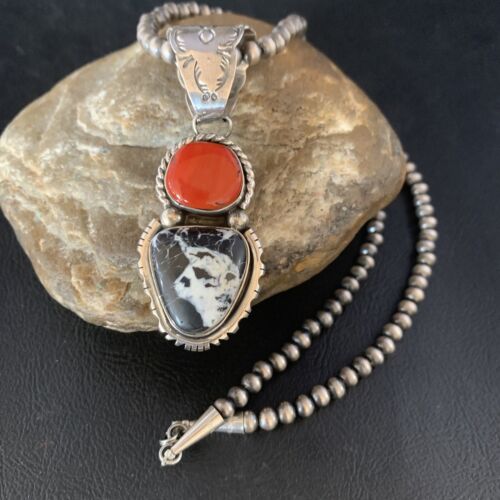 Navajo White Buffalo Turquoise Coral Pendant | Sterling Silver | Multi-Stone Necklace | 13579