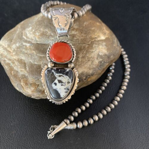 Navajo White Buffalo Turquoise Coral Sterling Silver Necklace Pendant 13579