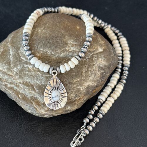 Navajo White Buffalo Turquoise Pendant Necklace | Sterling Silver | Authentic Native American Handmade | 14613