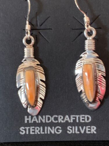Navajo Orange Spiny Oyster Feather Earrings Set | Sterling Silver | Authentic Native American Handmade | 2741