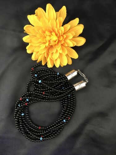 Navajo Black Onyx Coral Turquoise Bead Necklace | Sterling Silver | 18" | Authentic Native American Handmade | 10171