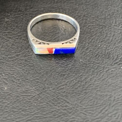 Navajo Opal Blue Lapis Red Coral Inlay Ring | Sz 7 | Authentic Native American Handmade | 11140