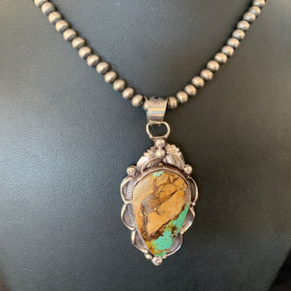 Men's Navajo Green Boulder Turquoise Pendant Necklace | Sterling Silver | Authentic Native American Handmade | 13660