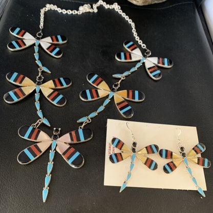 Zuni Dragonfly Necklace Earrings Set | Turquoise Onyx Inlay | Sterling Silver | Authentic Native American Handmade | 14213