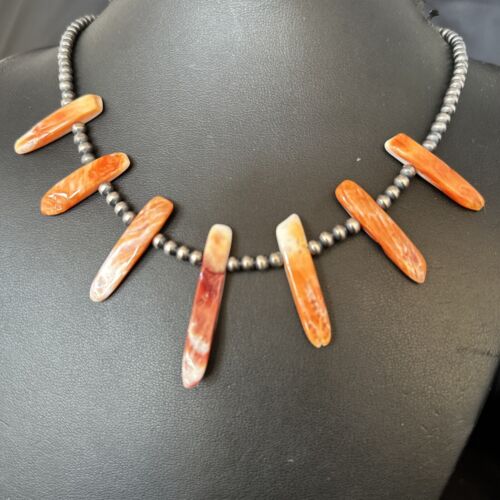 Navajo Spiny Oyster Stick Bead Necklace | Sterling Silver | 20" | Authentic Native American Handmade | 14329