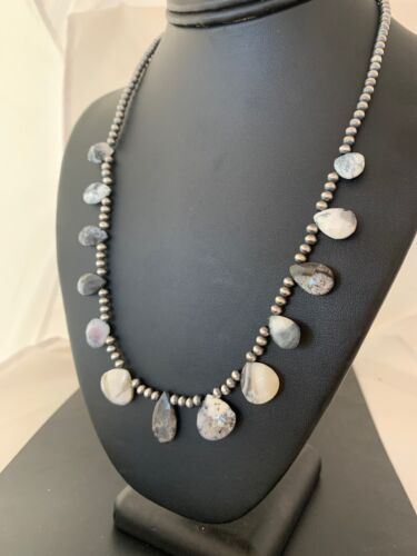 Navajo Pearls Pear Shape Necklace | Sterling Silver Black Rutile Opal Teardrop | Authentic Native American Handmade | 4088