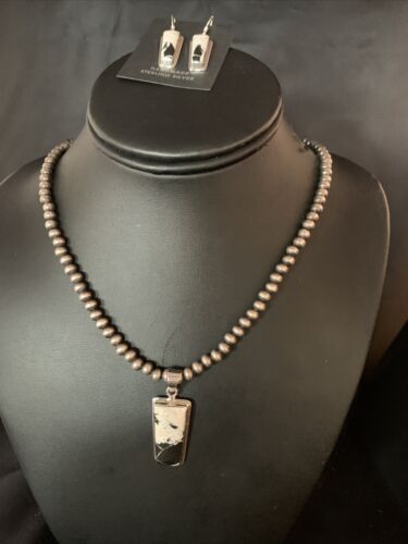 Navajo White Buffalo Turquoise Pendant | Sterling Silver Dangle Earrings | Authentic Native American Handmade | 14099