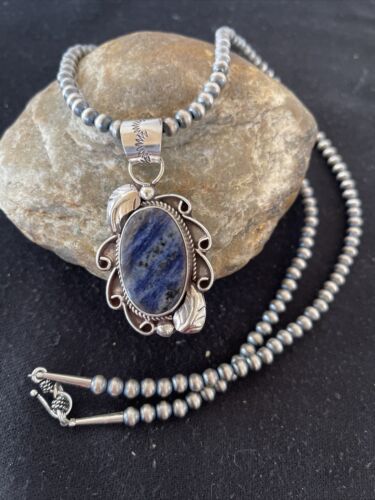 Men's Handmade Navajo Sterling Silver Beads Necklace | Lapis Pendant 2" | Authentic Native American | 1208