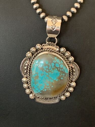 Men's Navajo Pearls Necklace Pendant | Sterling Silver | Blue Turquoise #8 | Authentic Native American Handmade | 528