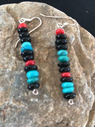 Navajo Sterling Silver Turquoise Onyx Coral Earrings | Southwestern Native American | 8334
