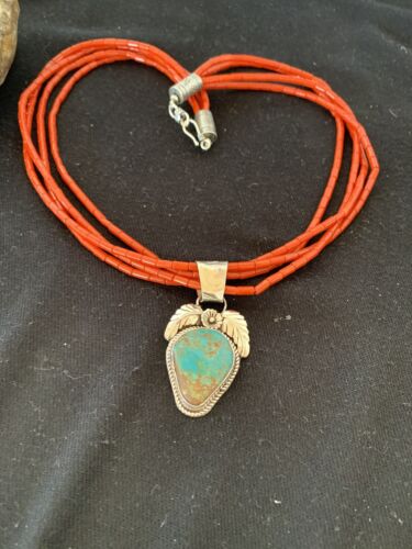 Navajo Sterling Silver Turquoise Pendant with Coral Bead Necklace | Multi-Strand | Authentic Native American Handmade | 00370