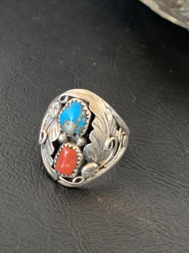Navajo Feather Ring with Blue Kingman Turquoise, Coral, and Multi-Stone | Authentic Native American Sterling Silver | Sz 11 | 12216