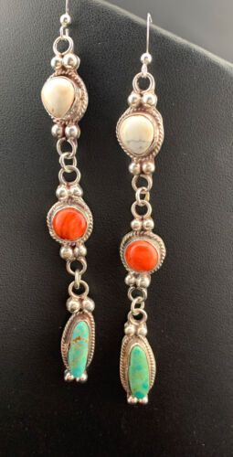 Navajo Howlite, Spiny Oyster & Turquoise Dangle Earrings | Sterling Silver | Authentic Native American Handmade | 1629