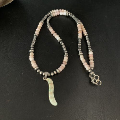 Navajo Pink Opal Beads Necklace Multi-Stone Mother of Pearl Inlay Pendant | Sterling Silver | 13458