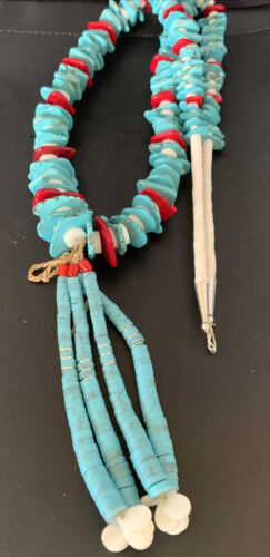 Native American Santo Domingo Blue Turquoise Red Coral Nugget Bead Jacla Necklace | 34" | 13197