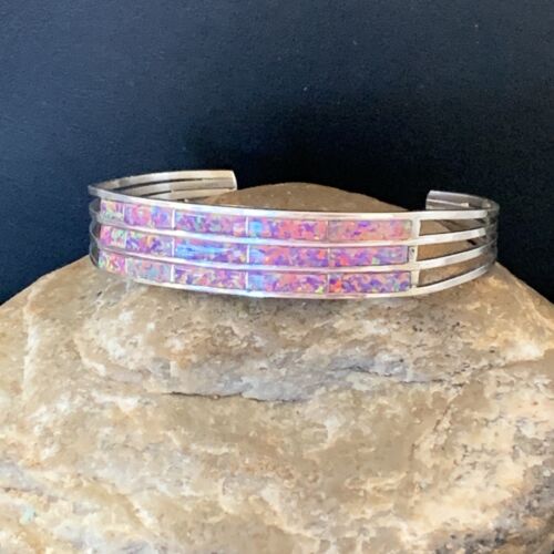 Native American Zuni Purple Opal Inlay Cuff Bracelet | Sterling Silver | 3 Row | 1643