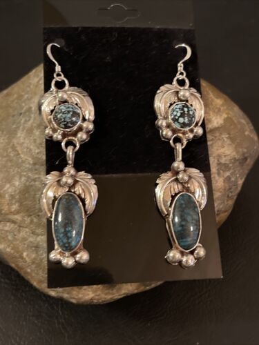 Navajo Spiderweb Turquoise Dangle Earrings | Sterling Silver | Authentic Native American Handmade | 1236