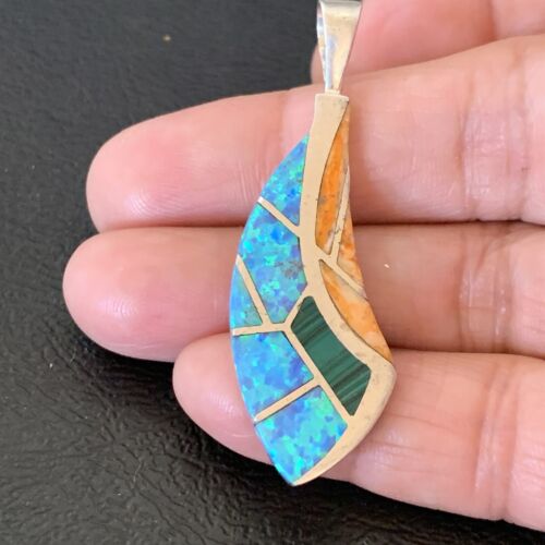 Navajo Spiny Blue Opal Inlay Pendant | Sterling Silver | Authentic Native American Handmade | 12275