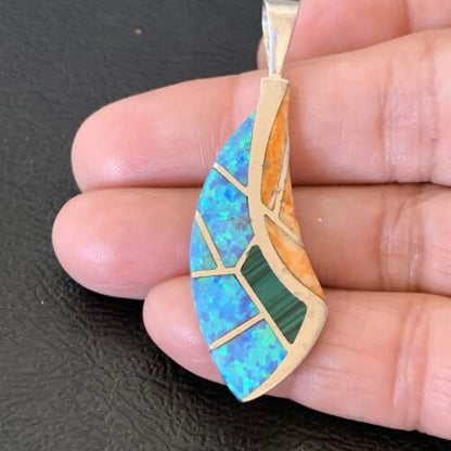 Navajo Spiny Blue Opal Inlay Pendant | Sterling Silver | Authentic Native American Handmade | 12275