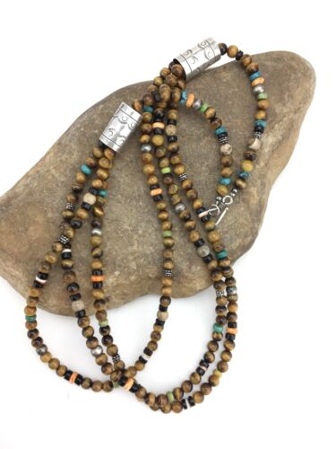 Navajo Sterling Necklace | Tiger's Eye & Turquoise | Multi-Color 3 Strand | 18" | 4892