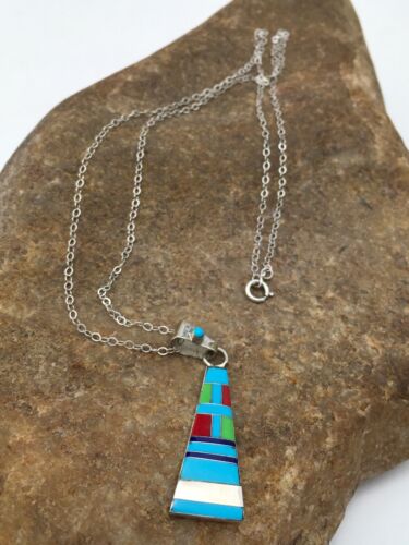 Navajo Turquoise & Coral Inlay Pendant | Sterling Silver Chain | Authentic Native American Handmade | 4437