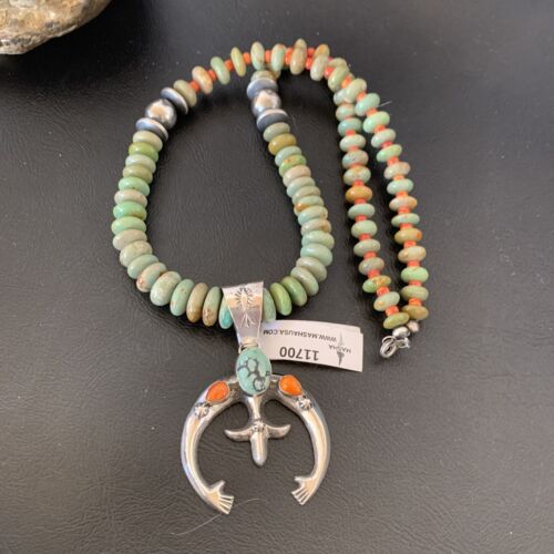Navajo Pearl Necklace with Sterling Silver Green Turquoise & Spiny Oyster Naja Pendant | 11700
