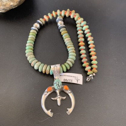 Navajo Pearl Necklace with Sterling Silver Green Turquoise & Spiny Oyster Naja Pendant | 11700