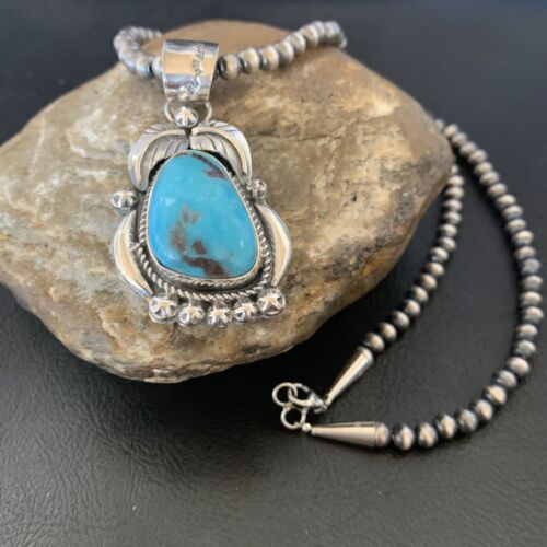 Men's Navajo Pearls Necklace | Sterling Silver Blue Kingman Turquoise Pendant | Native American | 12598