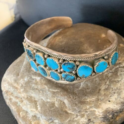 Navajo Blue Kingman Turquoise Cuff Bracelet | 2 Row | 16 Stone | Sterling Silver | Authentic Native American Handmade | 12691