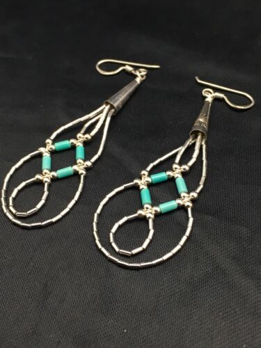 Navajo Blue Turquoise Tube Heishi Dangle Earrings | Sterling Silver | 2" | 3100